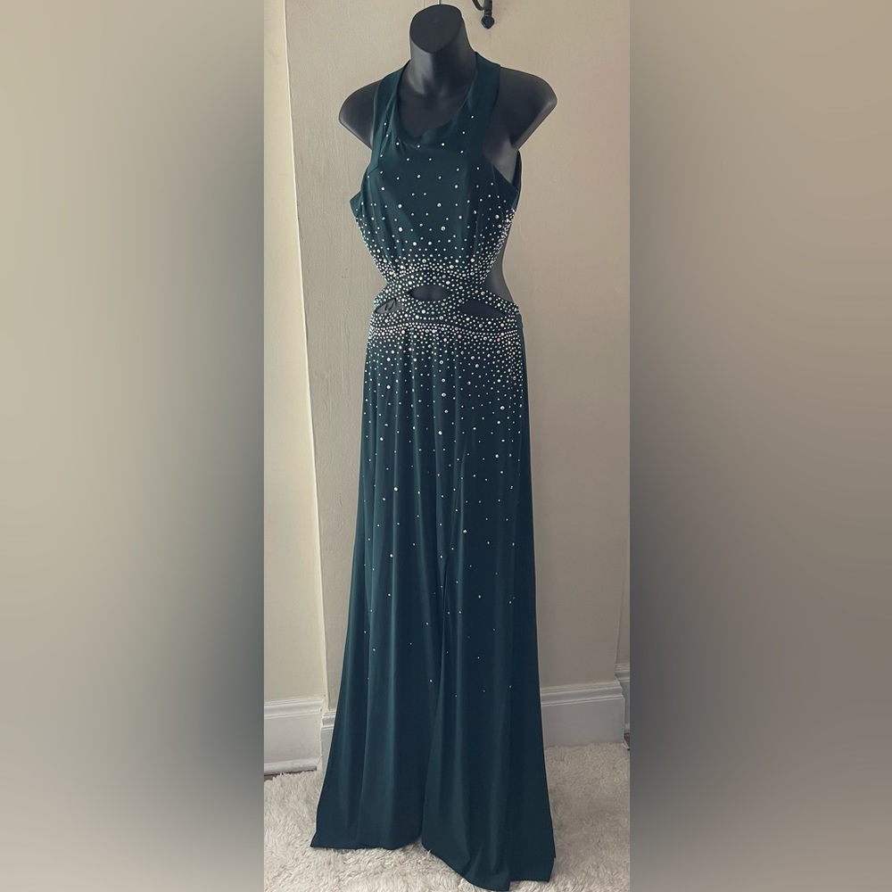 Morgan & Co Hunter Green Rhinestone Cut Out Gown Size 9/10